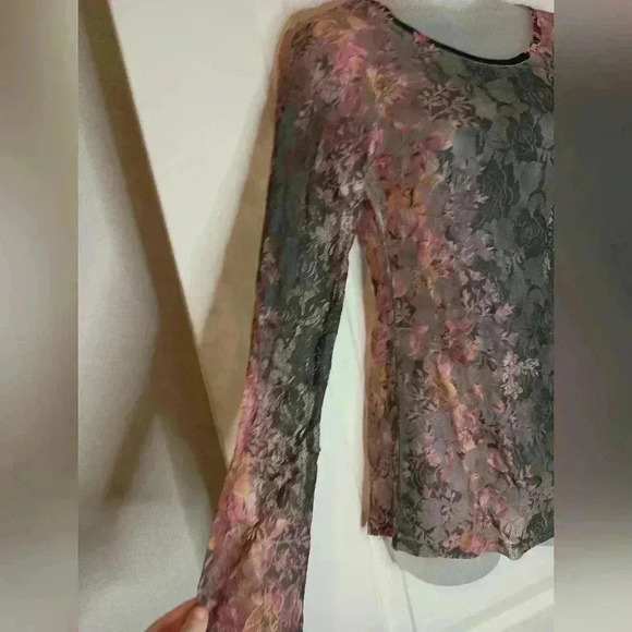 Whimsigoth Colorful Y2K boho ALMOST FAMOUS Burnout long sleeve floral sheer top - Picture 3 of 7